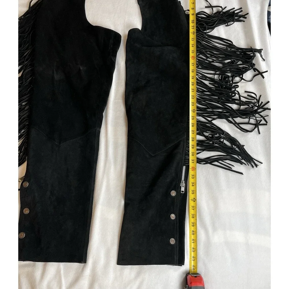 Harley Davidson Black Leather Chaps‎ with Fringe - Picture 4 of 13